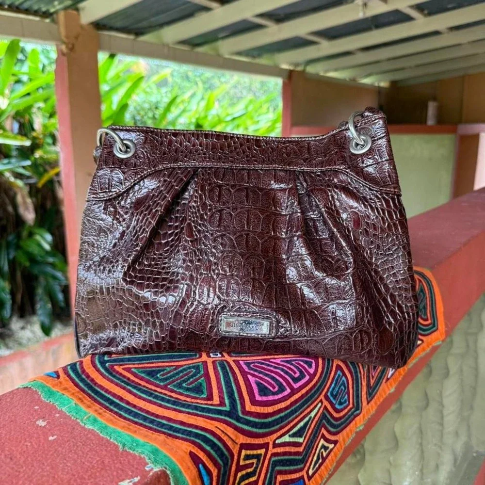Alfred Dunner Brown Faux Croc Shoulder Bag Tote Purse Retro Old Money